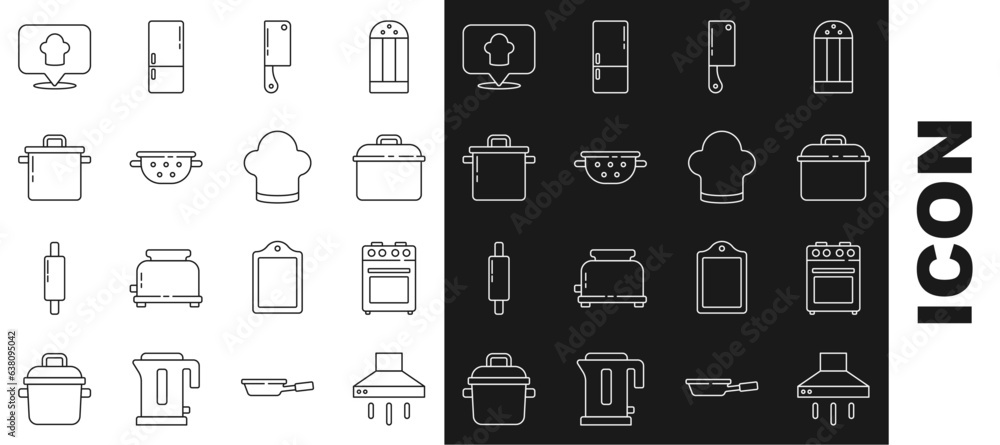 Set line Kitchen extractor fan, Oven, Cooking pot, Meat chopper, colander, Chef hat with location and icon. Vector Set line Kitchen extractor fan, Oven, Cooking pot, Meat chopper, colander, Chef hat with location and icon. Vector