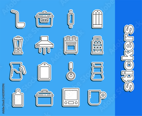 Set line Coffee cup, turk, Grater, Rolling pin, Kitchen extractor fan, Blender, ladle and Oven icon. Vector