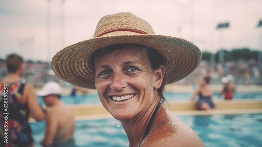 mature adult woman wearing sun hat in outdoor pool, standing in water, swimming, many people, overcast sky in the afternoon, water and leisure, fictional location