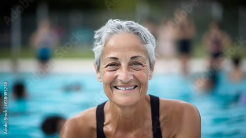a mature woman or elderly woman, gets into the water of a public outdoor pool, swimming pool, satisfied joyful smile and good mood in nature