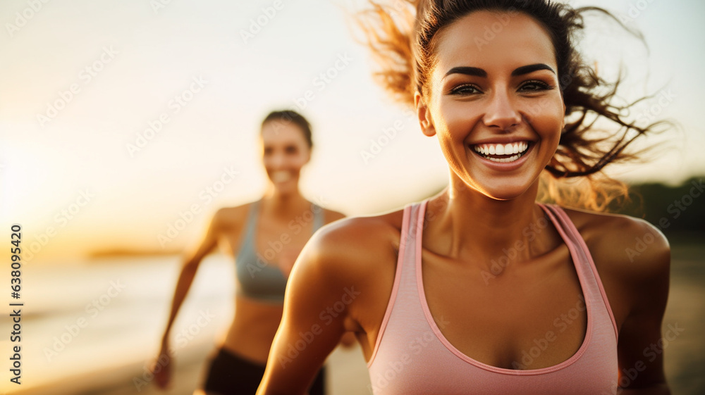 young adult woman running or jogging or running, wearing sports outfit, sporty tank top tank top, joyful and happy exuberant mood, smiling or laughing, with friends in a group, outside outdoors