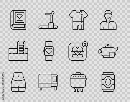 Set line Women waist, Soda can, Sport track suit, Bed, Medical book, Smart watch, Cooking pot and Teapot with cup icon. Vector