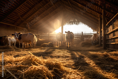 large village cowshed, cows standing inside cowshed illuminated morning sun, lot clean hay photo