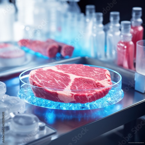 Piece of meat analyzed in lab, stock image, bright lighting, very clean lab