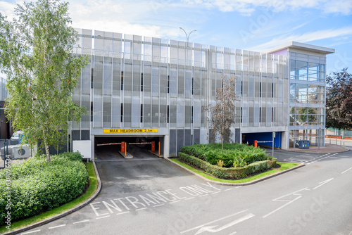 Exterior of a new multi storey car park in a city centre on a sunny summer day