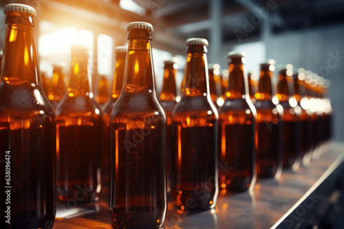 bottles on the brewery conveyor  brown glass