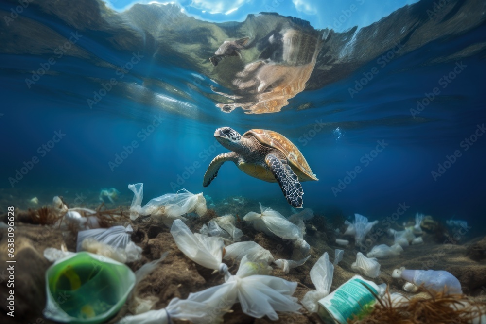 Fototapeta premium sea turtle swims dirty water, ocean polluted with household garbage, plastic bags and bottles, environmental disaster