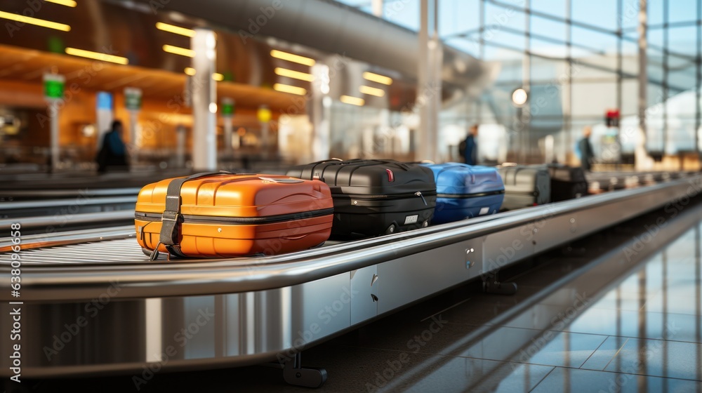 Baggage moving on an airport conveyor belt in an empty airport arrivals hall.