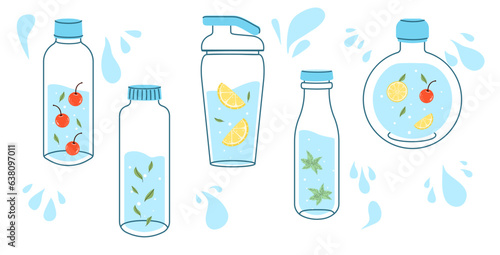 Set of bottled water with berries and herbs in a flat style. Vector stock illustration. isolated. Beverages. Drink. White background. Drops. hand drawn style