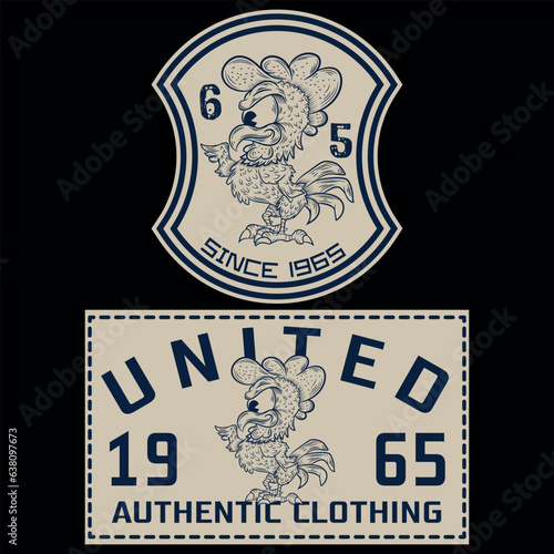 Illustration college with Rooster Mascot and text United Since 1965 Patchwork Varsity model Cool Cartoon