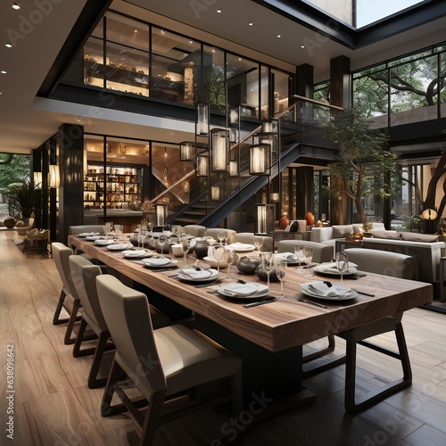 3d rendering luxury restaurant in modern style with wood table and chairs © Pamarac