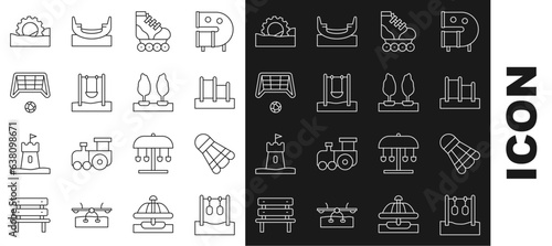 Set line Gymnastic rings, Badminton shuttlecock, Horizontal bar, Roller skate, Swing, Soccer goal with ball, Ferris wheel and Forest icon. Vector