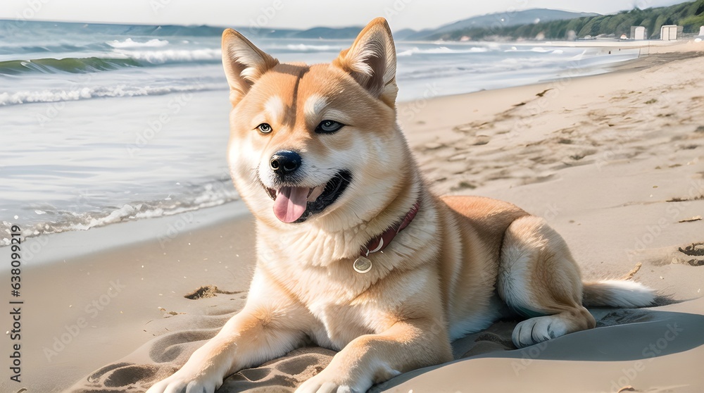 Cute shiba inu relaxing on the beach on a sunny summer day