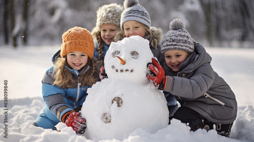 Children building a jolly snowman in the front yard, surrounded by a landscape blanketed in pristine snow.  