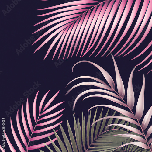 Leaves of palm trees and tropical plants in magenta on a black background. 3D graphics. Generative AI