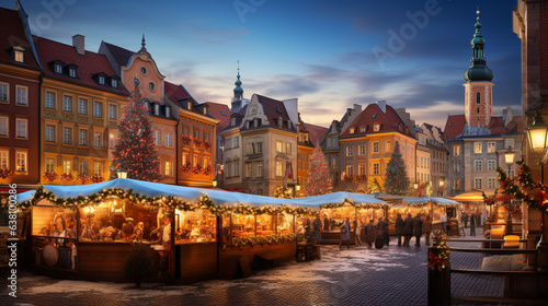 A panoramic view of a charming European city square, decked out with festive lights and bustling with holiday markets. 