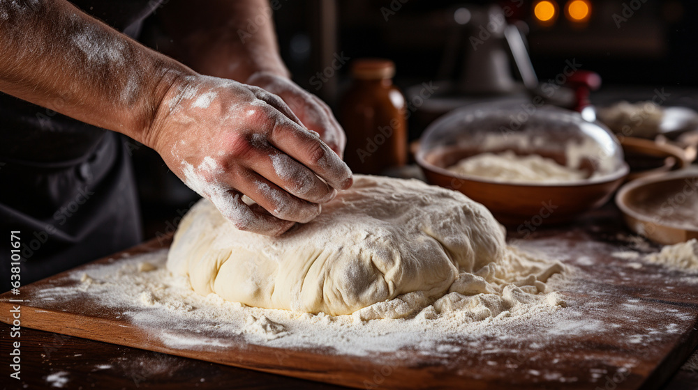 Fototapeta premium A close-up of hands rolling out dough to create flaky pie crust for a mouthwatering holiday dessert. 