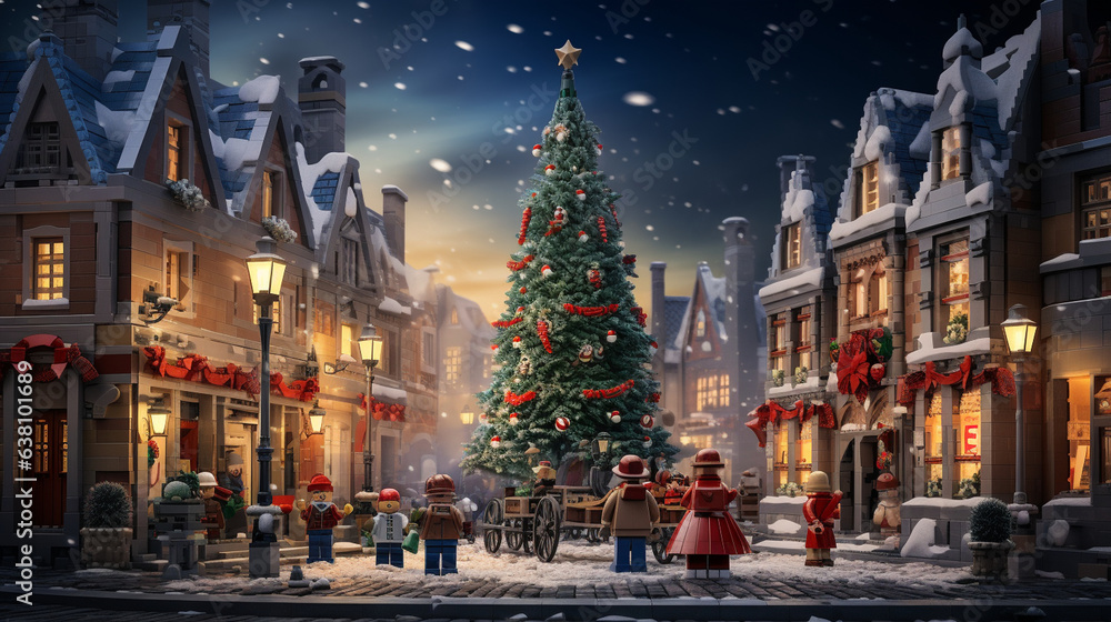 A charming village square with a towering Christmas tree as the centerpiece, surrounded by quaint shops and cafes.  