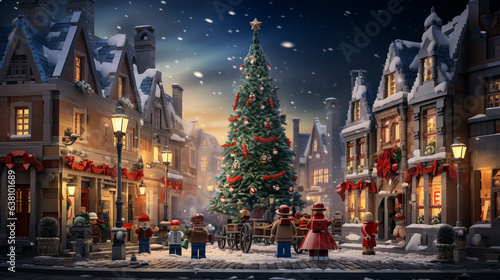 A charming village square with a towering Christmas tree as the centerpiece, surrounded by quaint shops and cafes.   photo