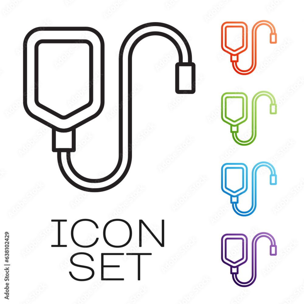 Black line IV bag icon isolated on white background. Blood bag. Donate blood concept. The concept of treatment and therapy, chemotherapy. Set icons colorful. Vector Black line IV bag icon isolated on white background. Blood bag. Donate blood concept. The concept of treatment and therapy, chemotherapy. Set icons colorful. Vector