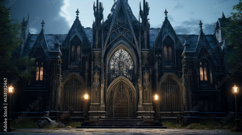 Gothic Architectural: Exploring the Intricacies of a Timeless Building in dark background. Halloween concept