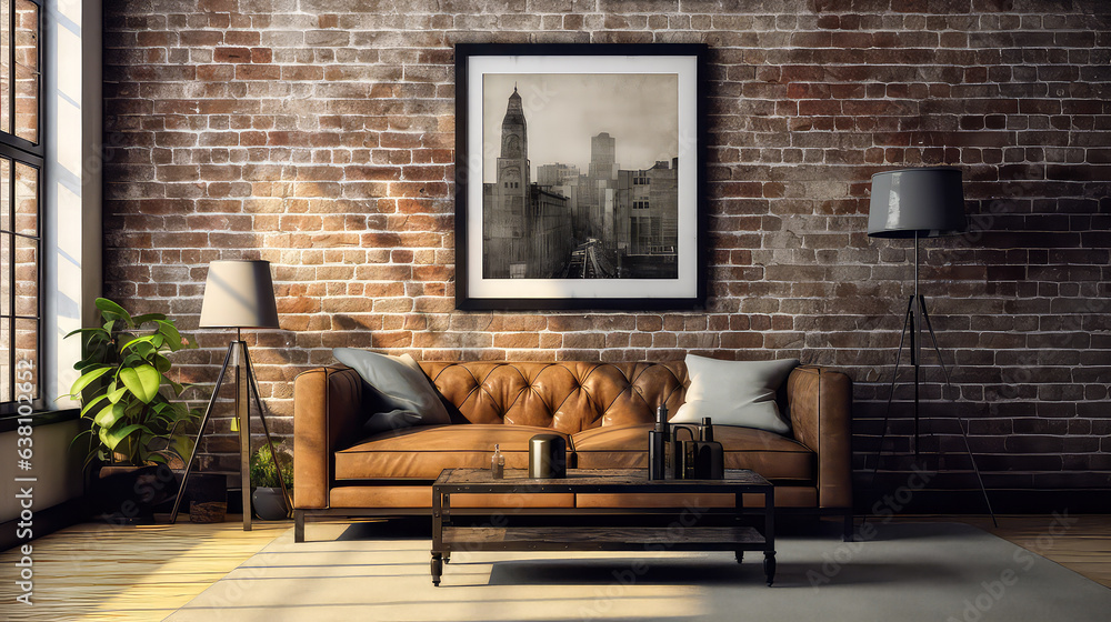 Fototapeta premium 3D render Artistic Interiors- Enhancing Spaces with Mock-Up Posters, Brick Textures, and Relaxation with Sofa Designs