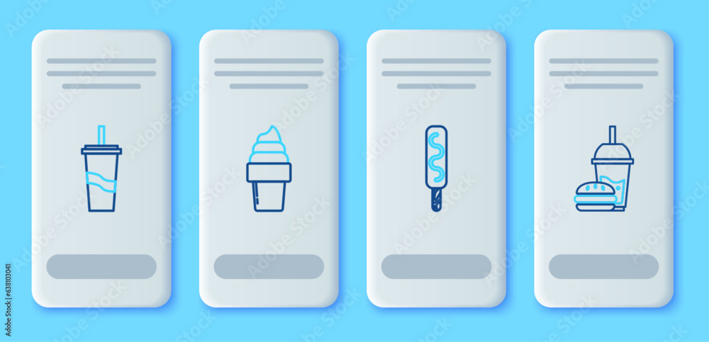 Set line Ice cream in waffle cone, Paper glass with drinking straw and water and burger icon. Vector