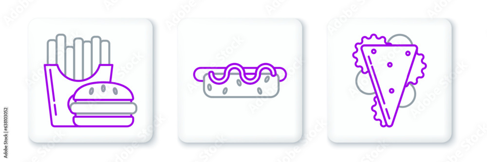 Set line Sandwich, Burger french fries in carton package box and Hotdog sandwich with mustard icon. Vector Set line Sandwich, Burger french fries in carton package box and Hotdog sandwich with mustard icon. Vector