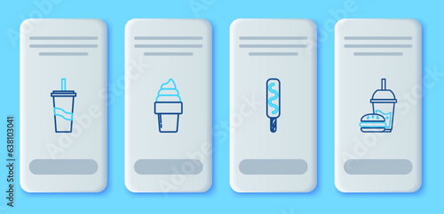 Set line Ice cream in waffle cone, Paper glass with drinking straw and water and burger icon. Vector
