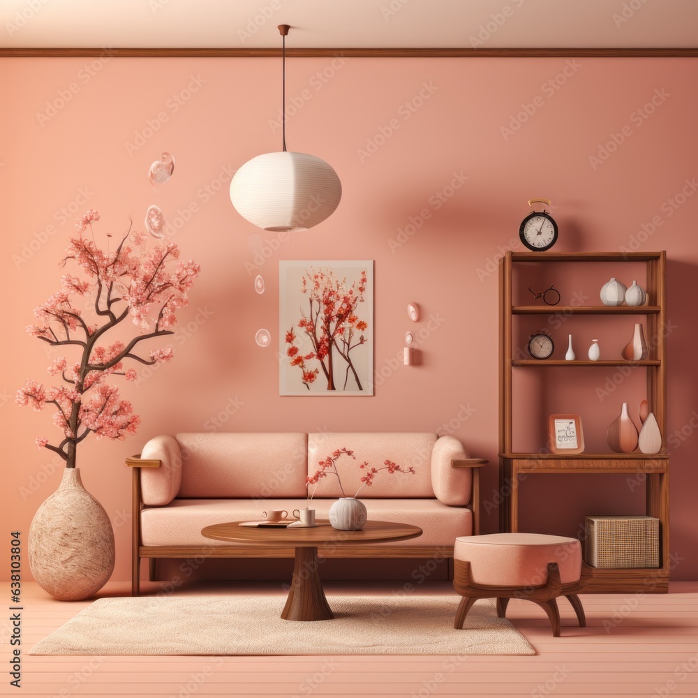 Φωτογραφία This inviting living room, with its cozy furniture, bright pink walls, and vibra