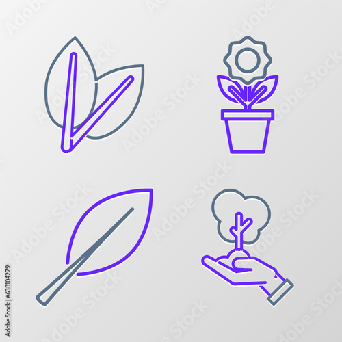 Set line Tree in hand of environmental protection, Leaf, Flower pot and Leafs icon. Vector
