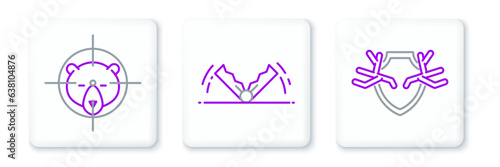 Set line Deer antlers on shield, Hunt bear with crosshairs and Trap hunting icon. Vector