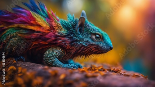 A mutated squirrel with colorful feathers on its back and reptilian skin sits on the ground in the forest