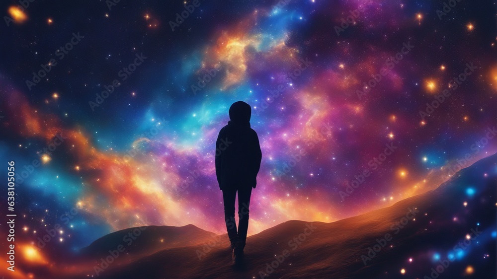 Abstract dream. Silhouette of a man on a mountainous terrain, on the background of cosmic multicolored nebulae and stars