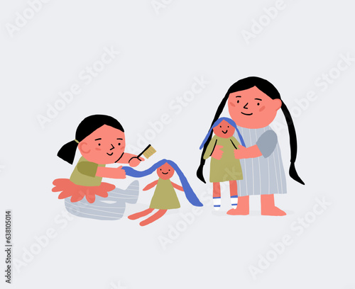 Cute illustration of children playing dolls. Siblings playing together, cute little sisters family illustration. Vector illustration