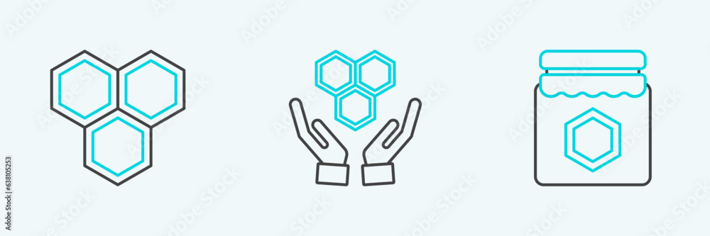 Set line Jar of honey, Honeycomb and and hands icon. Vector Set line Jar of honey, Honeycomb and and hands icon. Vector