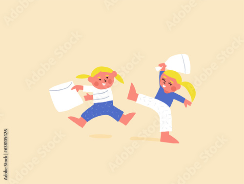 Cute illustration of children playing pillows. Siblings playing together, cute little sisters family illustration. Vector illustration