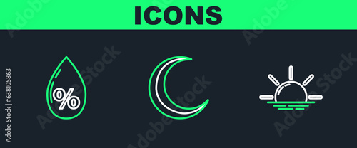 Set line Sunrise, Water drop percentage and Moon and stars icon. Vector