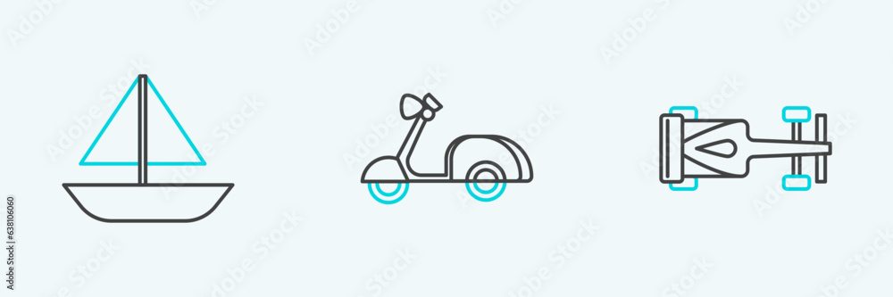 Set line Formula race car, Yacht sailboat sailing ship and Scooter icon. Vector