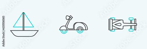 Set line Formula race car, Yacht sailboat sailing ship and Scooter icon. Vector