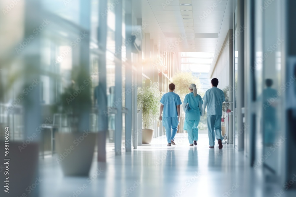 Three people walking down hallway in hospital