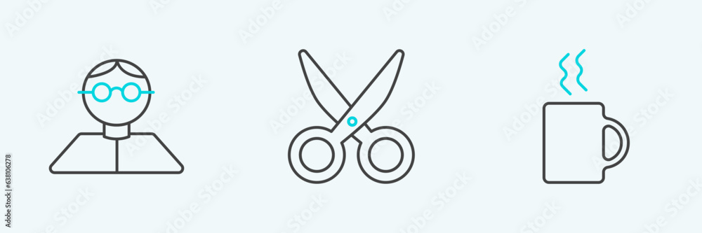 Set line Coffee cup, Student and Scissors icon. Vector Set line Coffee cup, Student and Scissors icon. Vector
