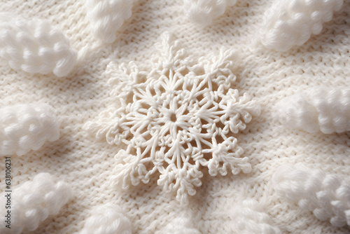 Close-up of a snowflake resting on a woolen fabric.  photo