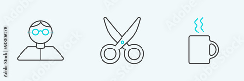 Set line Coffee cup, Student and Scissors icon. Vector