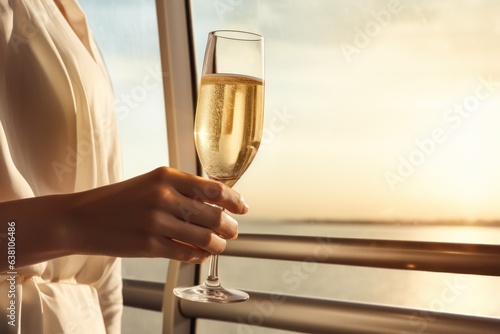 A woman drinks from an open glass of champagne on a boat at sunset