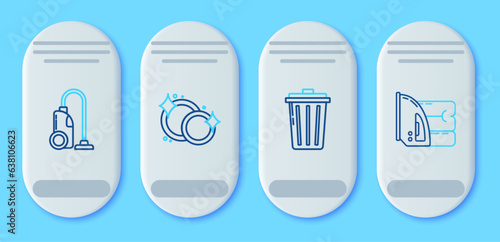 Set line Washing dishes, Trash can, Vacuum cleaner and Electric iron and towel icon. Vector