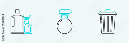 Set line Trash can, Plastic bottles for liquid dishwashing liquid and icon. Vector