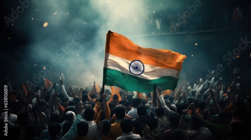 Crowd of people waving the indian flag.