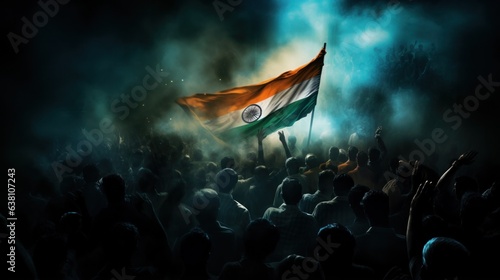 Crowd of people waving the indian flag.