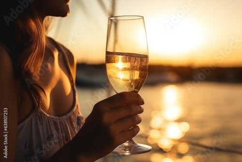 A woman drinks from an open glass of champagne on a boat at sunset